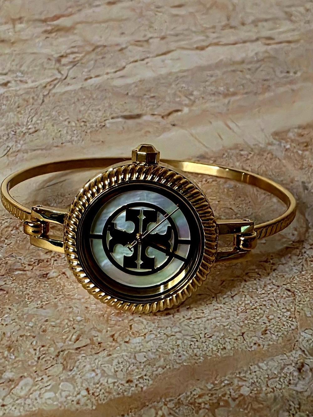 Tory Burch Gold Logo Mother-of-Pearl Bangle Watch